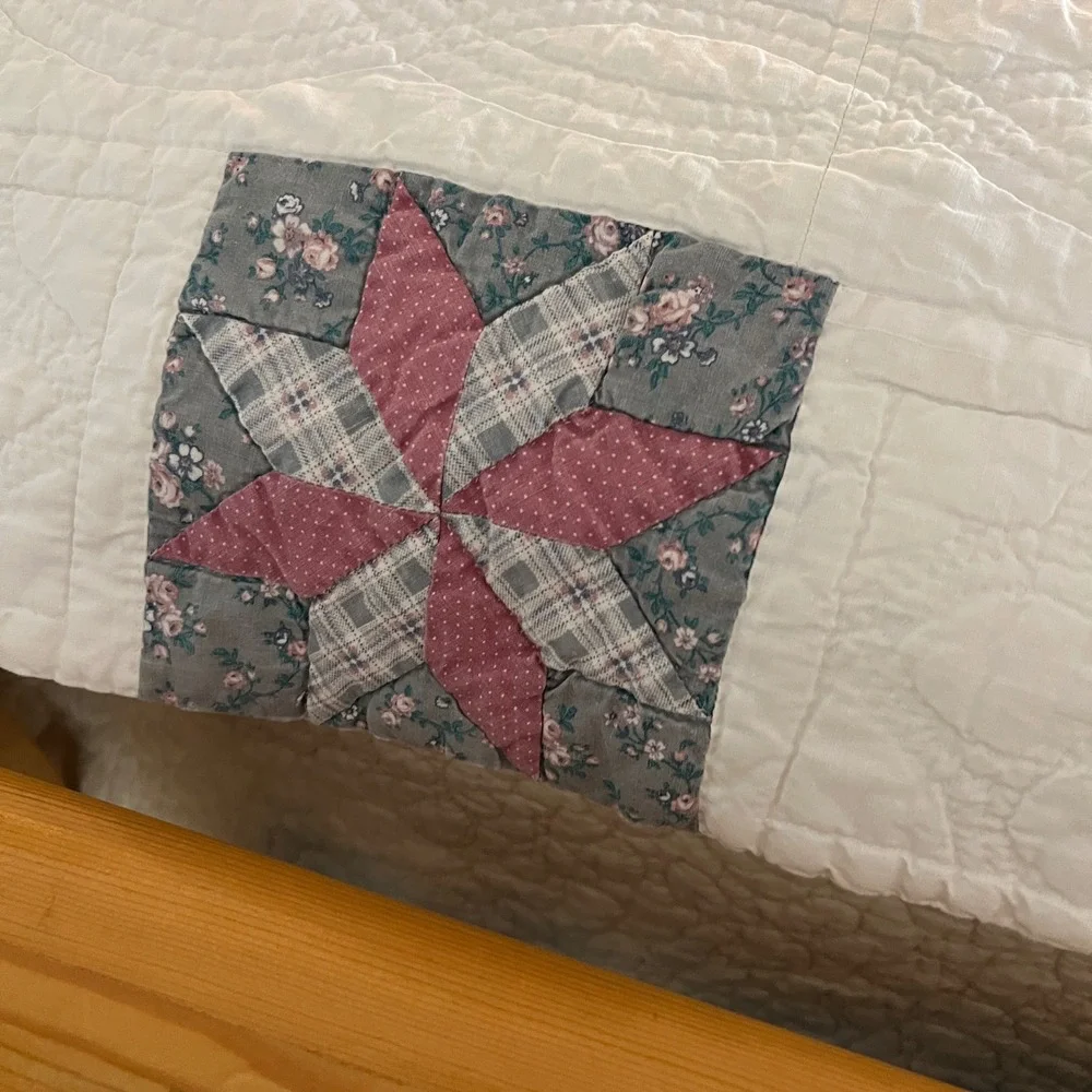 VTG quilt Lone Star Patchwork Quilt Pink Blue Floral Farmhouse Bedding 81